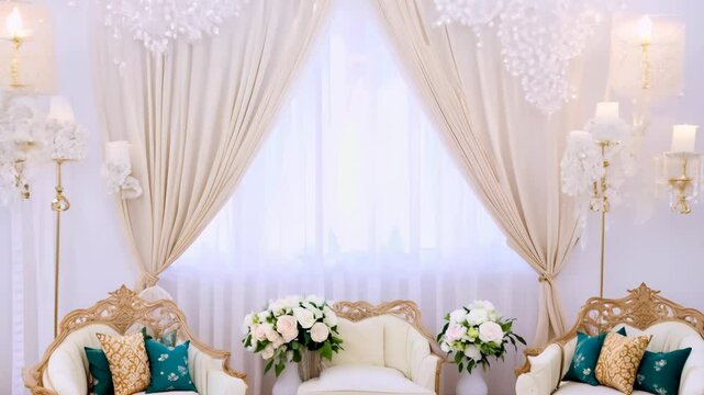 Camera pans across dreamy maternity photoshoot setup with props and backdrop, soft light enhancing ethereal beauty of the scene. Concept of maternal celebration and gentle emotional expression