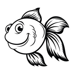 Happy Goldfish Cartoon Aquatic Animal with Smile and Big Fins in Black Outlines