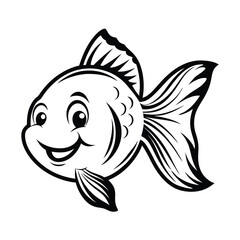 Cute Cartoon Fish, Smiling Face, Black and White Outline, Mascot, Simple Design