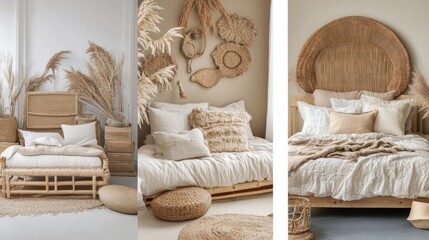 Three minimalist bedroom vignettes showcasing natural tones and textures.