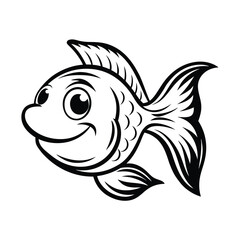 Black & White Cartoon Fish Drawing with Cute Smile and Big Eyes