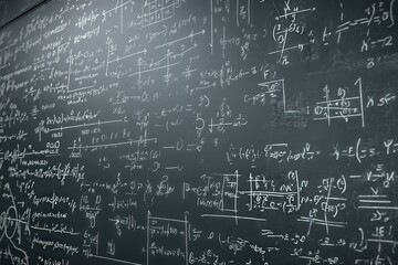 Intricate mathematical equations fill a dark gray chalkboard, creating a complex and intriguing pattern of numbers and symbols.