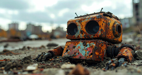Extreme close-up and front view of a small abandoned rusty toy robot in post-apocalyptic wasteland. Generative Ai.