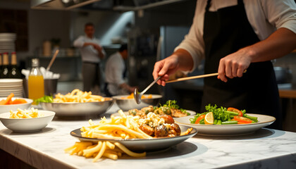 Cooking a delicious main course in the restaurant kitchen. Catering on holiday, one line art. with white shades