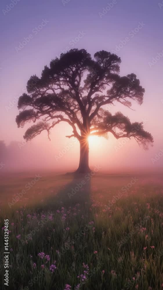 Poster solitary oak tree standing in misty meadow at dawn..