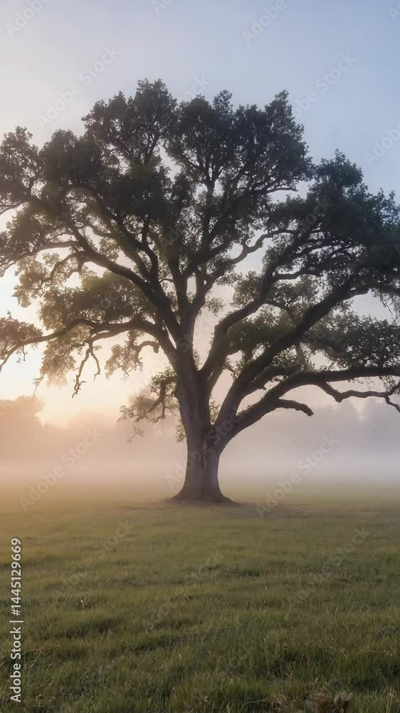 Poster solitary oak tree standing in misty meadow at dawn..