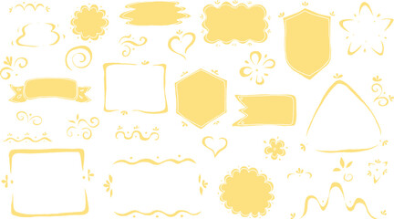 Set of orange hand drawn curved line frames: flower labels, shield, hexagon, triangle, ribbon label, tape, flowers, wavy lines