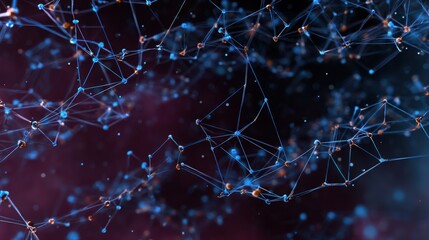 Fototapeta premium Abstract digital network. Interconnected nodes and lines form a complex web in a dark, moody setting. Deep blues and purples create a mysterious atmosphere.