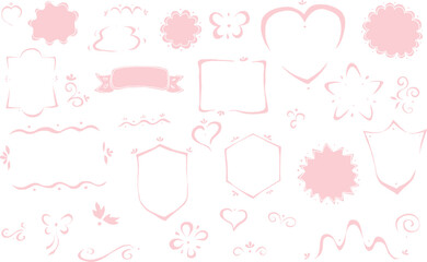 Set of pink hand drawn curved line frames: heart shape, rectangle frames, hexagon, star shape, shields, ribbon label, flower labels