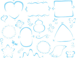 Set of blue hand drawn curved line frames: heart shape, rectangle frame, oval, triangle, figure eight frame, star, flower shapes, bow