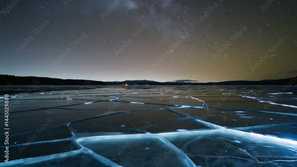 Poster Frozen lake cracked into geometric ice patterns under twilight sky..


