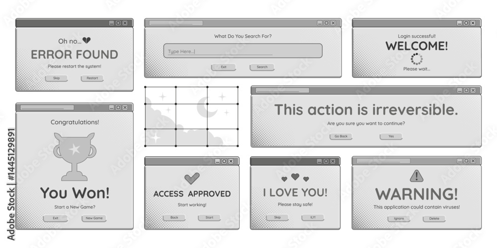 Poster computer windows graphic monochrome set, retro pc interfaces with text and buttons, decorative dialo