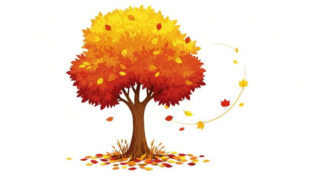 Autumn clipart of a single tree with swirling leaves and a glowing orange canopy