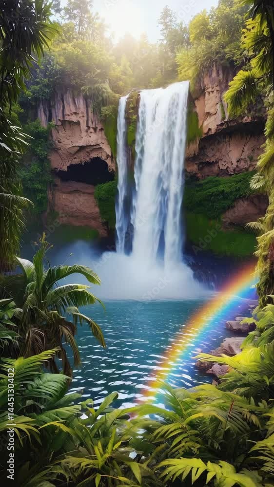 Poster Cascading waterfall surrounded by lush jungle captured from base view..

