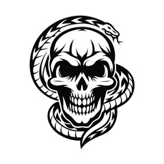 Snake Coiled Around Skull, Black and White Tattoo Style Illustration, Viper Wrapping Bones