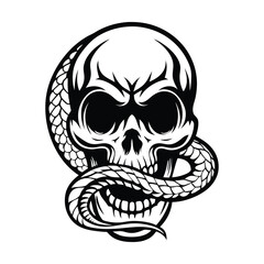 Skull and Snake Black Illustration, monochrome Tattoo Style Reptile Serpent Coiled Art