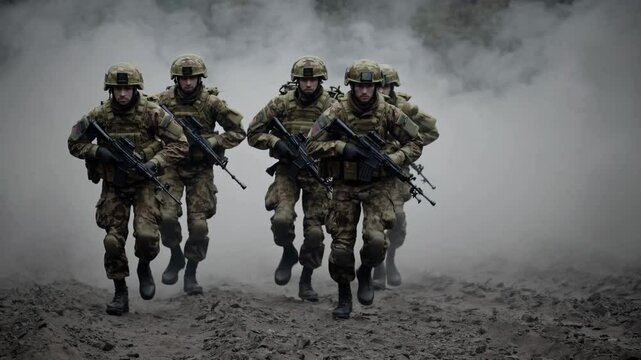 Soldiers running through smoke on a battlefield during training  