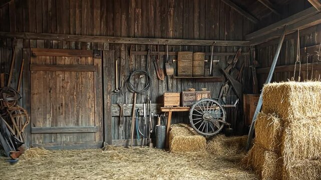 Vintage Barn Interior: Rustic Farmhouse with Hay Bales and Antique Equipment Still Life