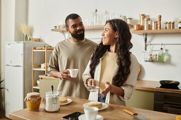 Loving couple enjoys quality time together in their cozy kitchen preparing breakfast treats