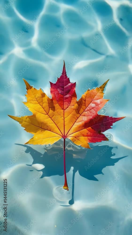 Poster Close-up of vibrant maple leaf floating on calm pond with reflection..


