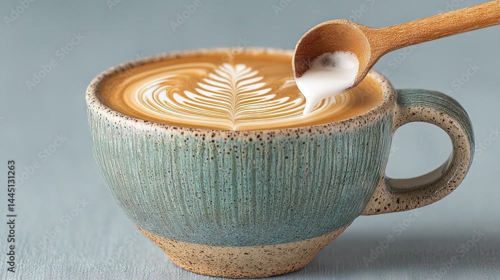 Poster close-up of a beautiful latte art coffee with a wooden spoon adding foam