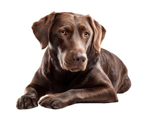 Brown Labrador resting with an attentive expression in a cozy setting, cut out