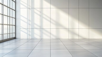 Obraz premium Sunlit Modern Interior White Tiles Glass Wall.