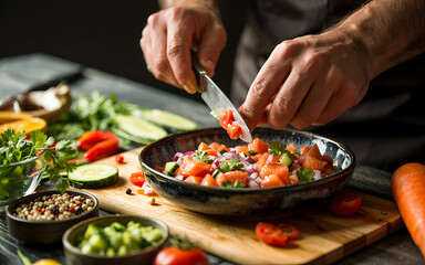 Chef Prepares Salmon Salad Dicing Tomatoes, Healthy Food Preparation on Wooden Board, Close Up