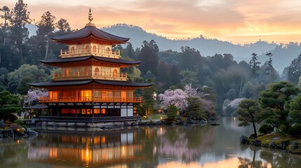 Golden japanese temple among cherry blossoms high resolution image