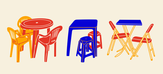 Plastic furniture set. Colorful tables and chairs, plastic portable seats. Asian cafe, coffee table, street food, local food concept. Hand drawn modern Vector illustration. Isolated design elements