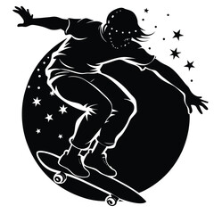 Stylish Skateboarder Silhouette with Stars, Black and White Freestyle Skateboarding Art