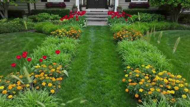 Picturesque suburban home with manicured lawn and vibrant flowerbeds, a serene vista