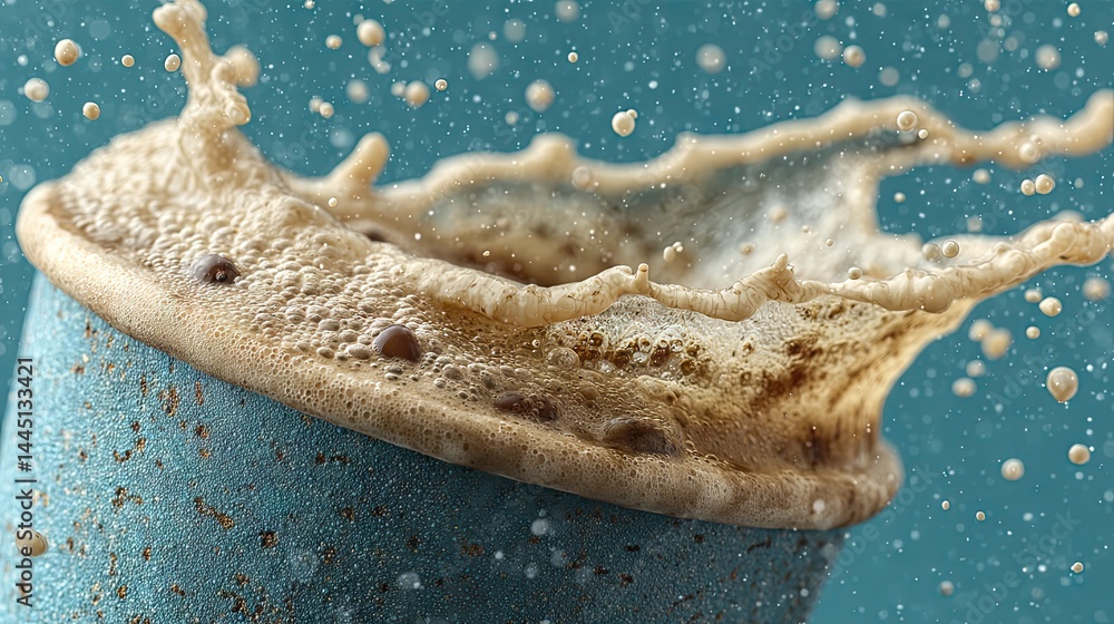 Poster close-up of a fizzy drink overflowing from a textured blue mug with splash