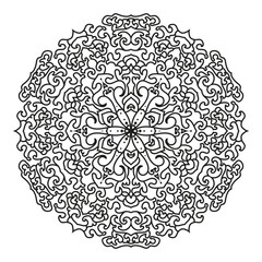 Decorative mandala pattern with floral curves and heart shapes in black and white. Great for adult coloring pages, vector illustration, and ornamental artwork.