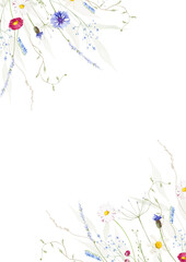 Watercolor floral angular frame template. Wild meadow blue cornflowers, pink daisy, yellow chamomile flowers, green branches. Hand drawn style illustration. Artistic template design.