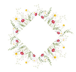 Watercolor floral folk rhombus frame. Meadow pink, red daisy wild flowers, chamomiles, sage green branches, leaves. Hand drawn style illustration. Artistic template design.