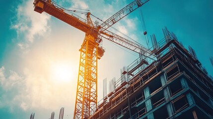 Construction Site with Tower Crane and Building Under Construction