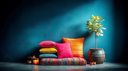 Serene meditation corner, cozy floor cushions, fragrant incense, vibrant potted fig tree, tranquil ambiance enhanced by a calming indigo backdrop.