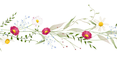 Watercolor floral folk seamless border. Meadow red daisy, blue forget-me-not, chamomiles wild flowers, green branches, leaves. Hand drawn style illustration. Artistic template design.