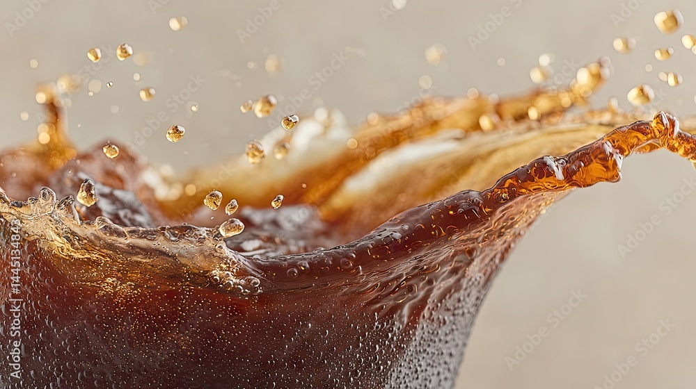 Poster close-up of a splash of dark brown liquid with droplets in motion.