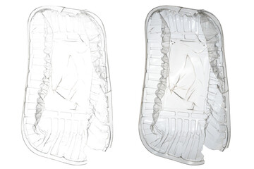 Crushed plastic disposable food container isolated.