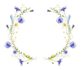 Watercolor painted floral symmetrical round wreath frame. Meadow blue cornflowers, yellow wild flowers, chamomiles, green branches, leaves. Hand drawn style illustration. Artistic template design.