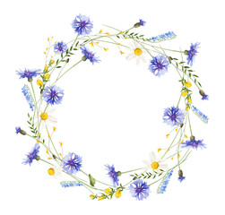 Watercolor painted floral round wreath frame. Meadow blue cornflowers, yellow wild flowers, chamomiles, green branches, leaves. Hand drawn style illustration. Artistic template design.