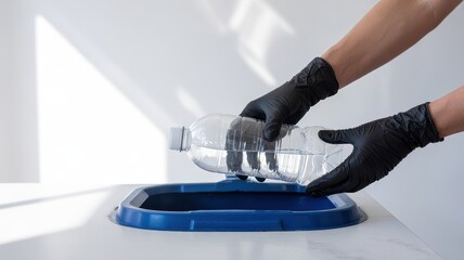 Hands placing plastic bottle in blue bin for home recycling awareness