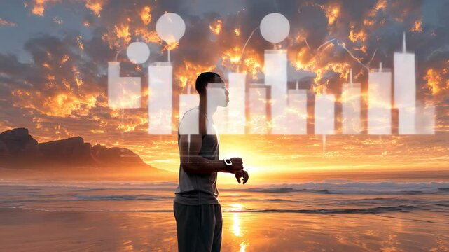 Gamified Athletic Routine fitness gamification motivation at sunset, fitness gamification beach scene, fitness gamification technology wearable Sunset Workout Journey 
