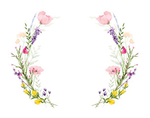 Watercolor floral symmetric wreath frame. Diverse meadow pink poppies, violet lavender, yellow flowers, green branches. Hand drawn style illustration. Artistic template design.