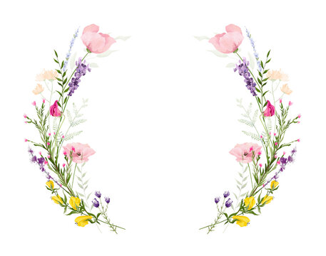 Watercolor floral symmetric wreath frame. Diverse meadow pink poppies, violet lavender, yellow flowers, green branches. Hand drawn style illustration. Artistic template design.