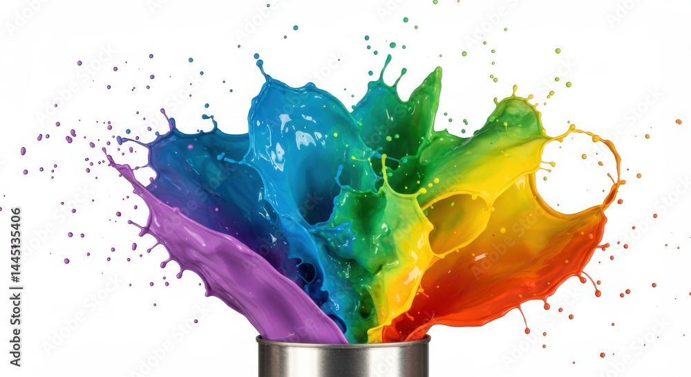 Aufkleber colorful paint exploding from a silver can against a clean white studio background image view