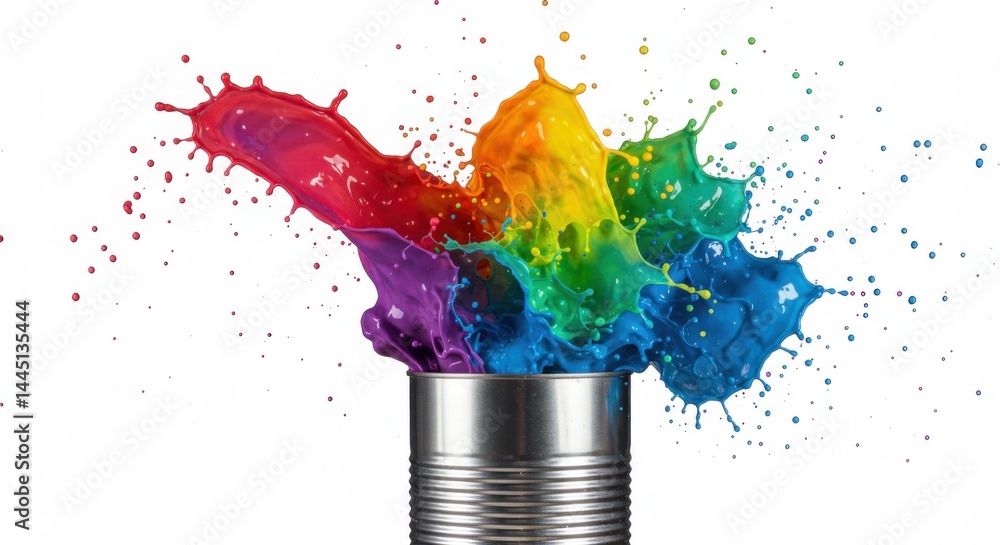 Poster colorful paint splashing from a metal can on a white background in a dynamic and vibrant display