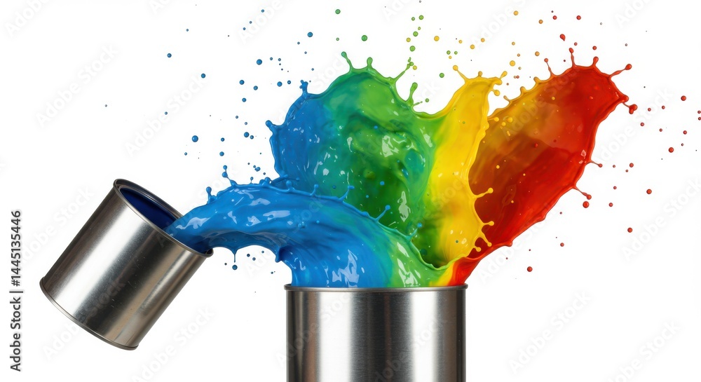 Poster paint cans splashing vibrant colors together on a white background in a dynamic and artistic display